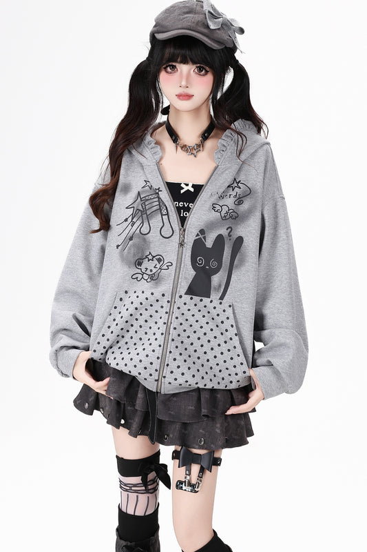 Sudadera holgada de lunares con capucha y volantes dulces