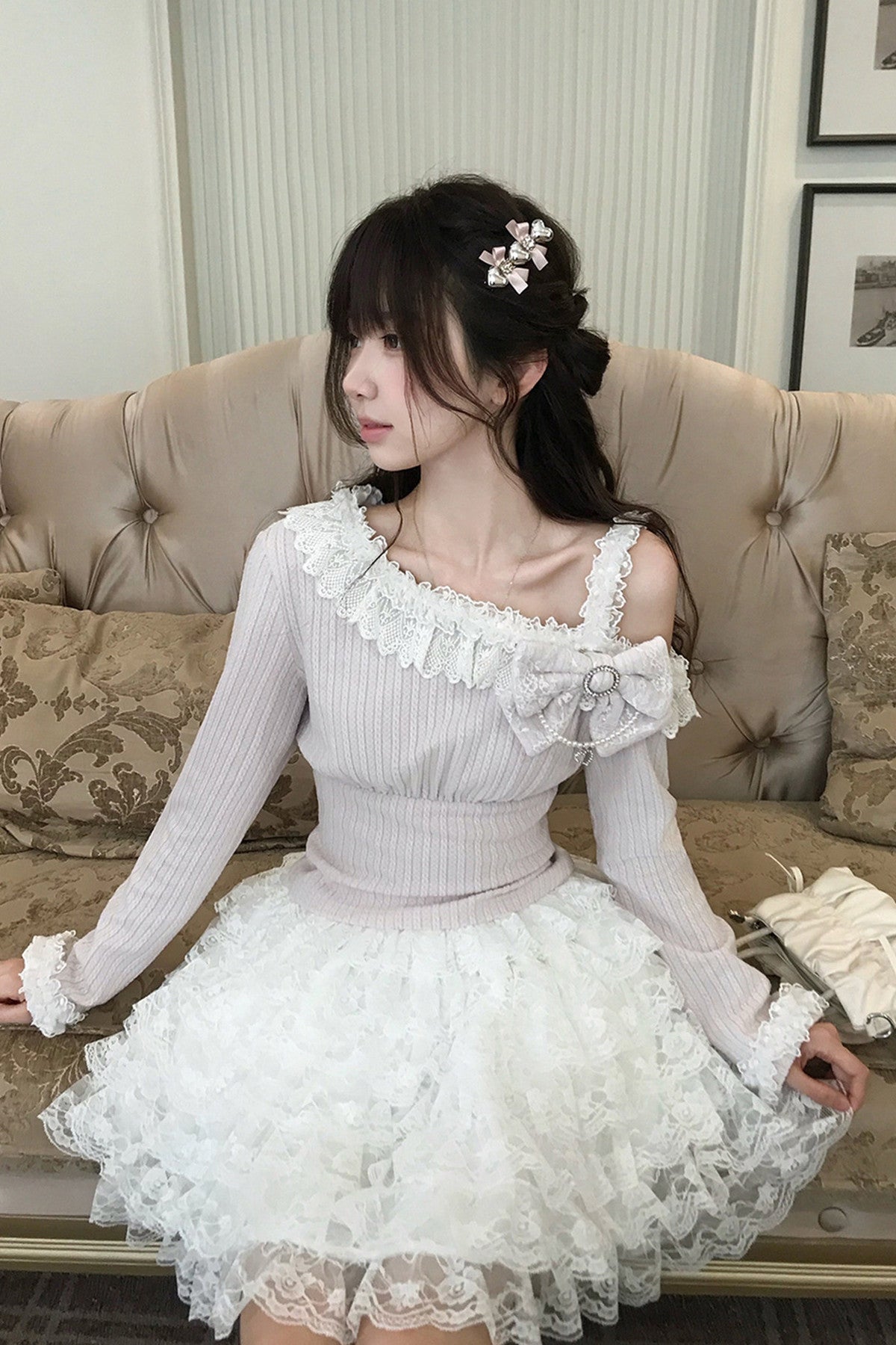 Pink Off-Shoulder Knit Top and Skirt Set