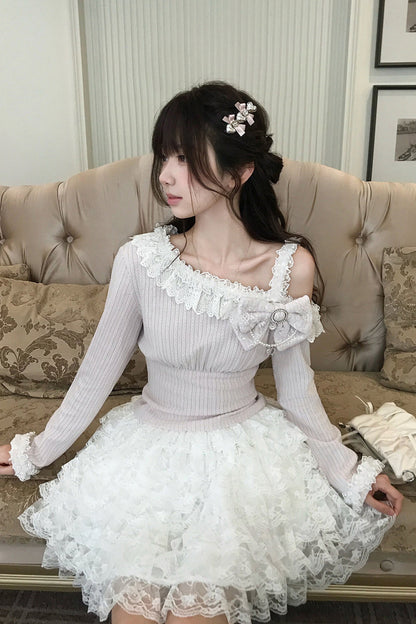 Pink Off-Shoulder Knit Top and Skirt Set