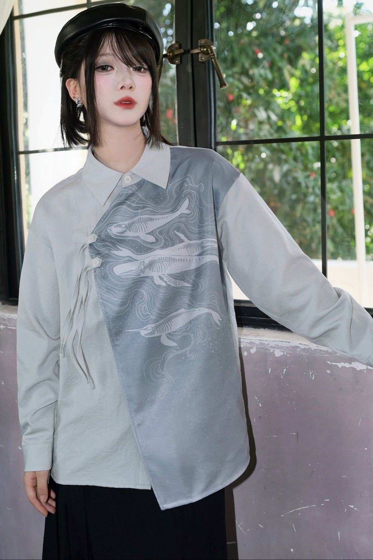 Asymmetrical Whale Print Slanted Placket Shirt