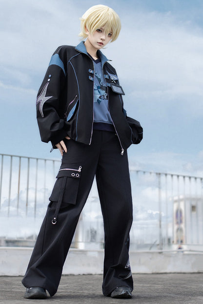 Schwarz-blaues Colorblock-Workwear-Jacken-Sweatshirt und weite Hose im Set