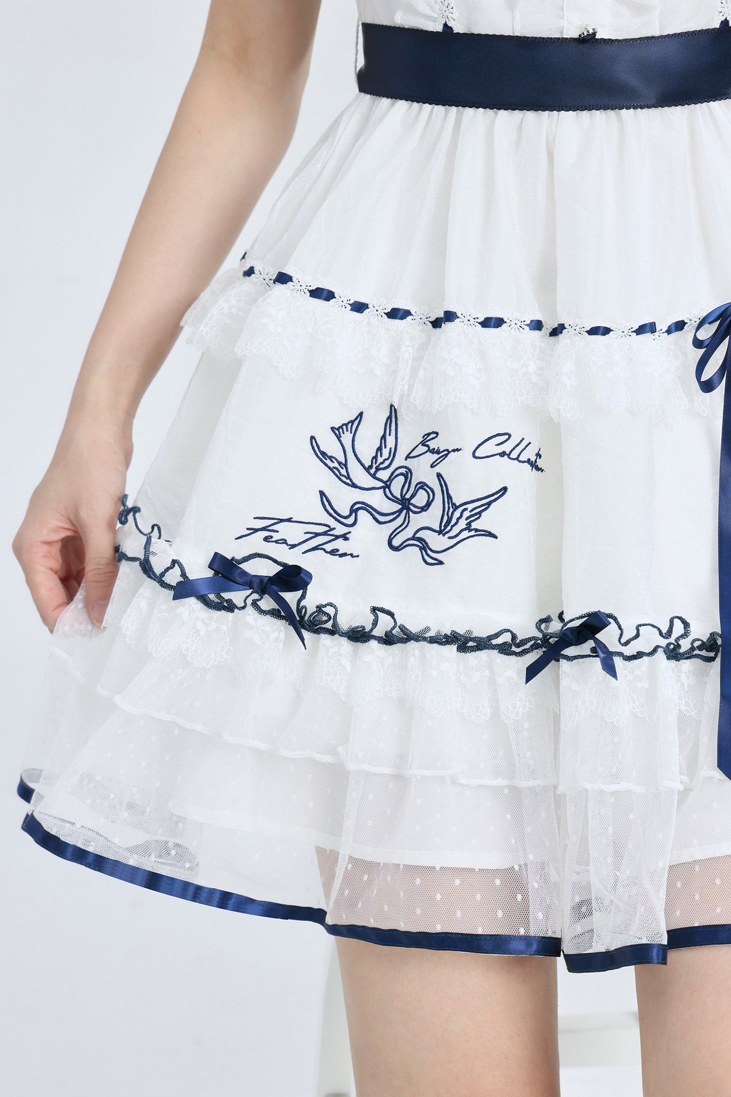 Navy Collar Bird Embroidery Tiered Ribbon Dress