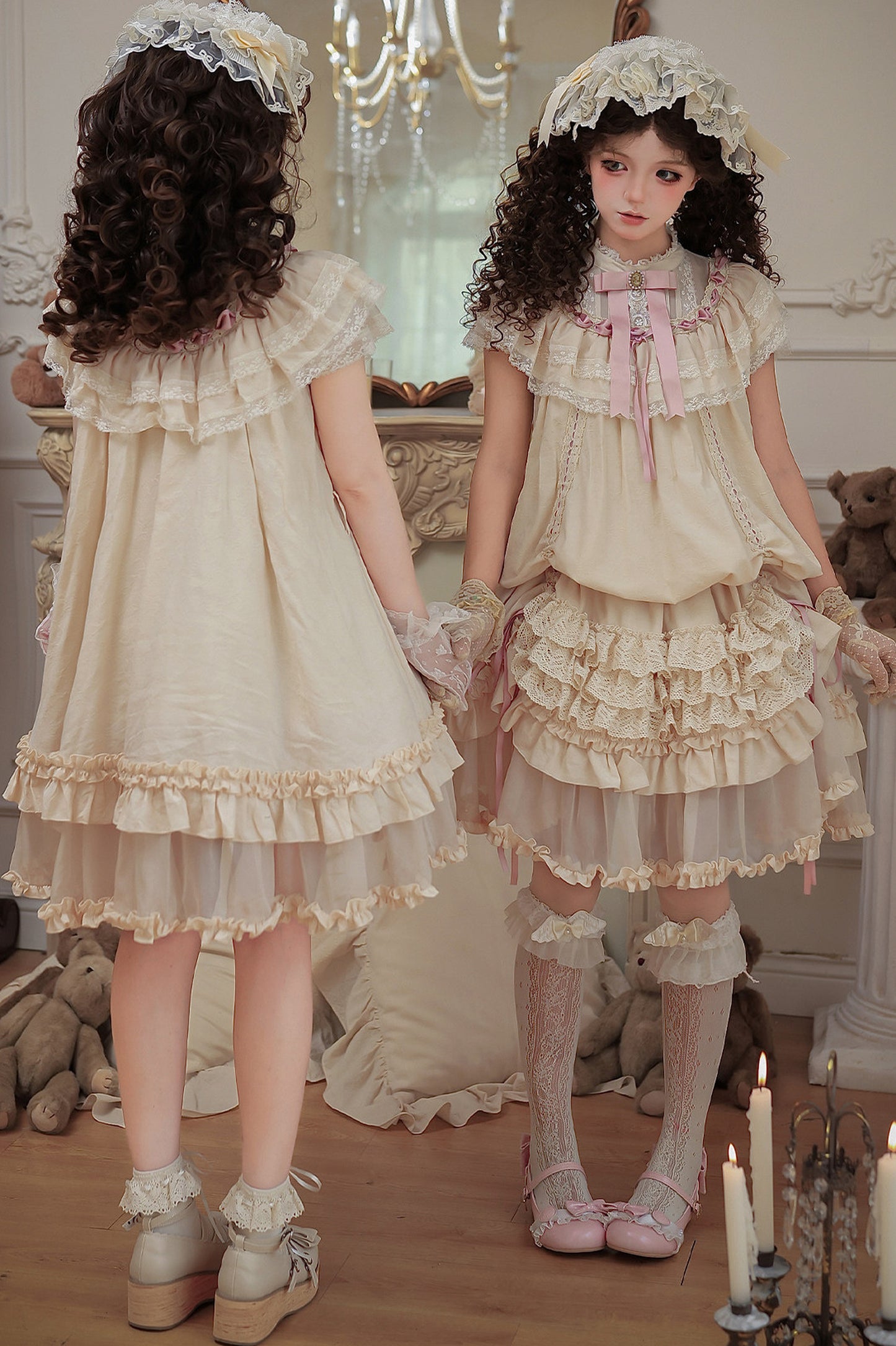 Milchtee-rosa Lolita-Kleid mit Puppen-Rüschen
