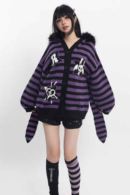 Y2K Purple Striped Fur Collar Cardigan