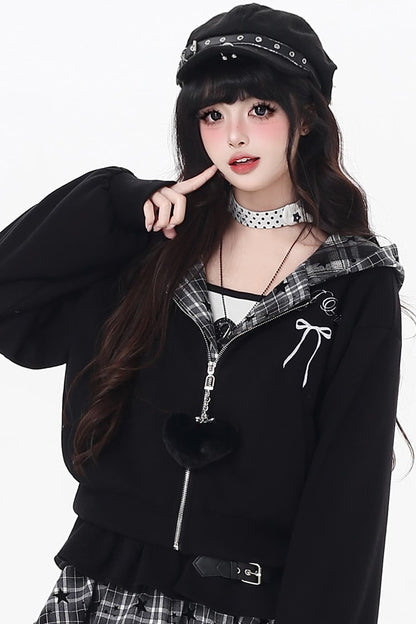 Plaid Rabbit Ear Embroidered Hooded Jacket
