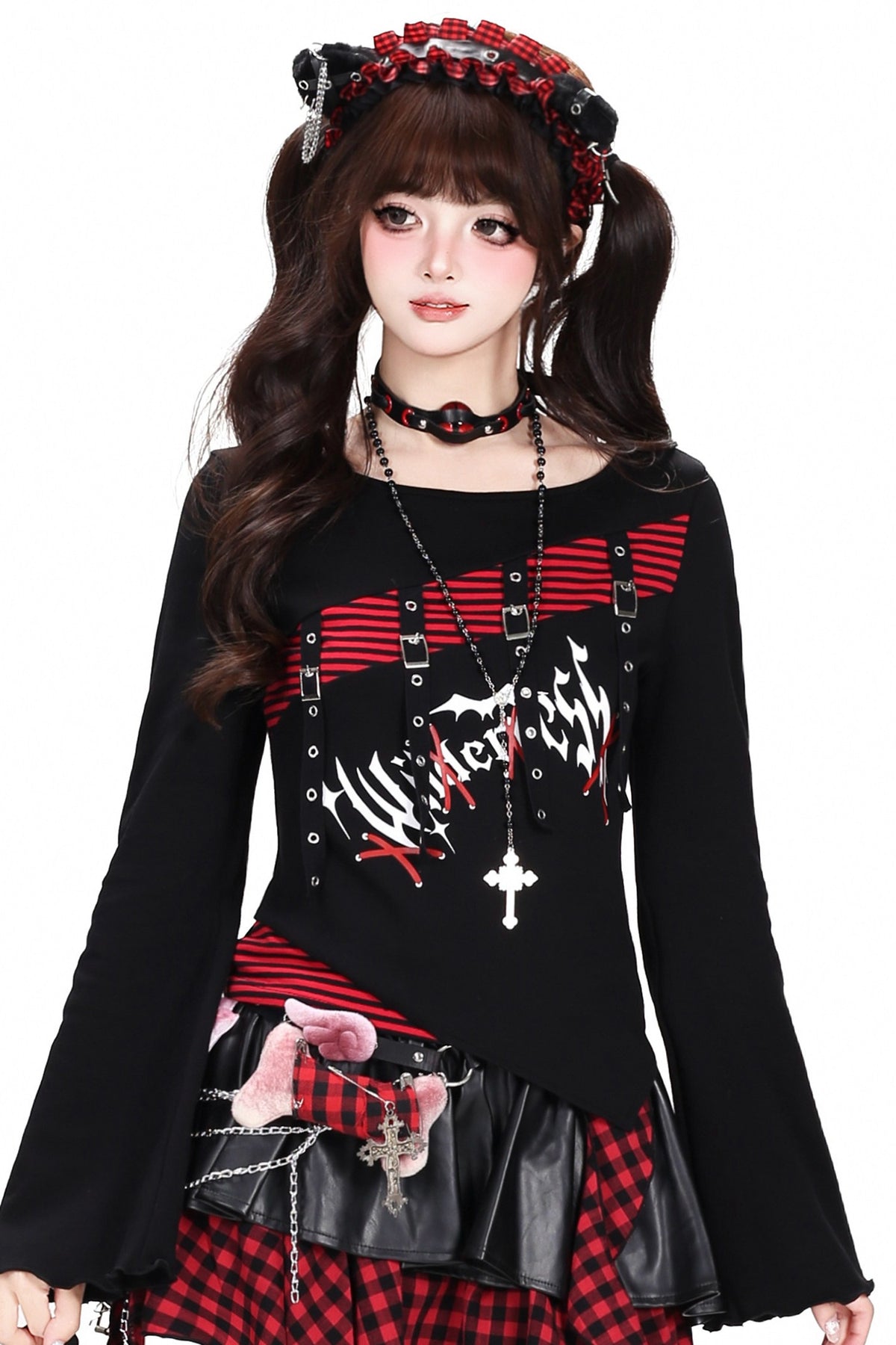 Schwarz-rot gestreiftes Patchwork-Langarm-T-Shirt