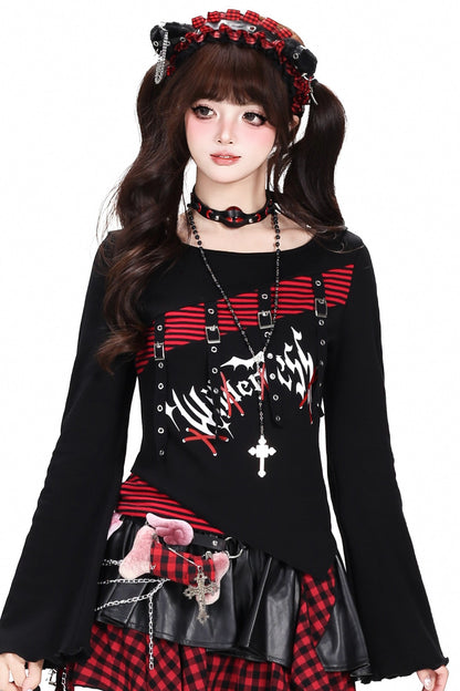 Schwarz-rot gestreiftes Patchwork-Langarm-T-Shirt