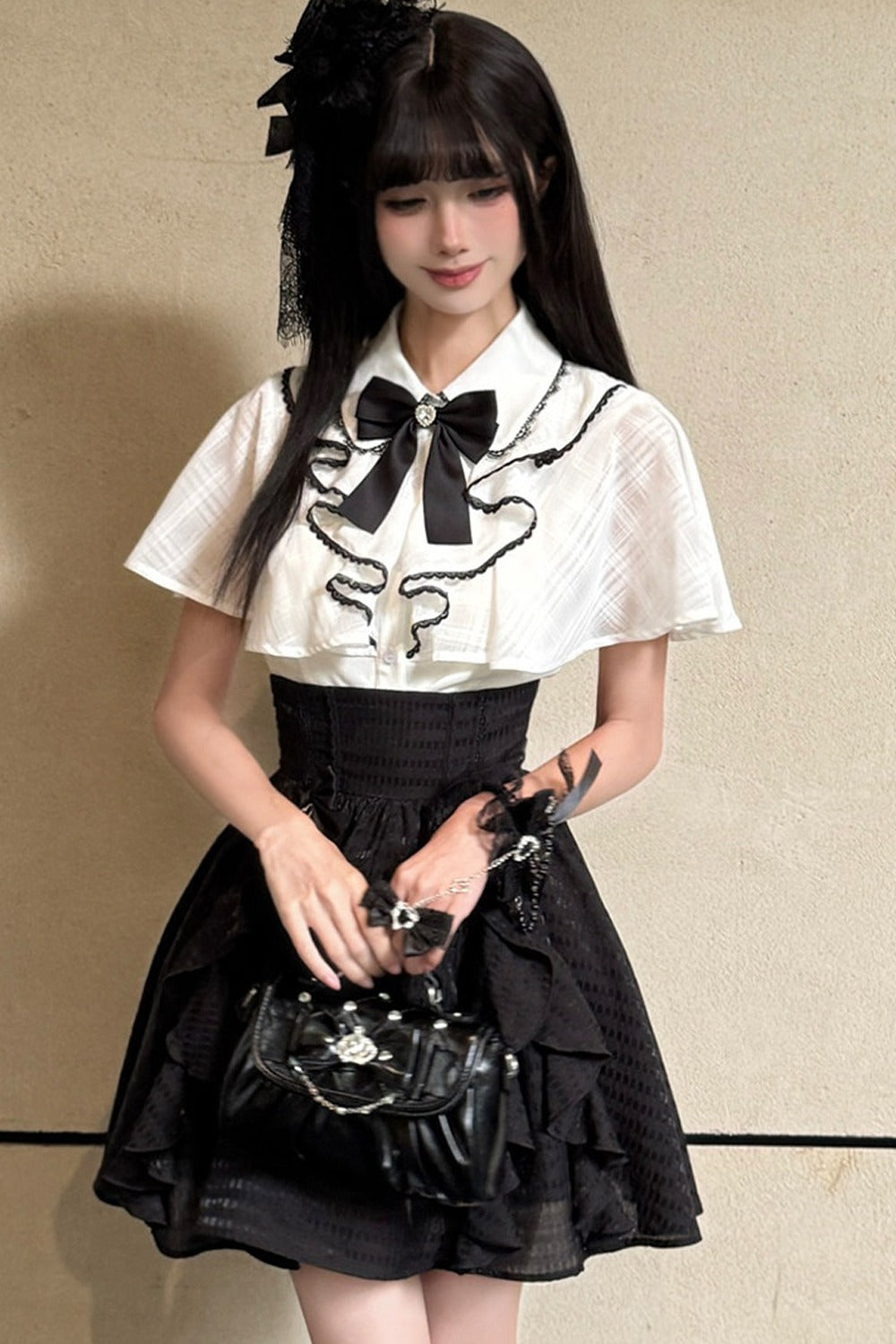 Black-White Cape Blouse And Plaid Skirt Set-Up