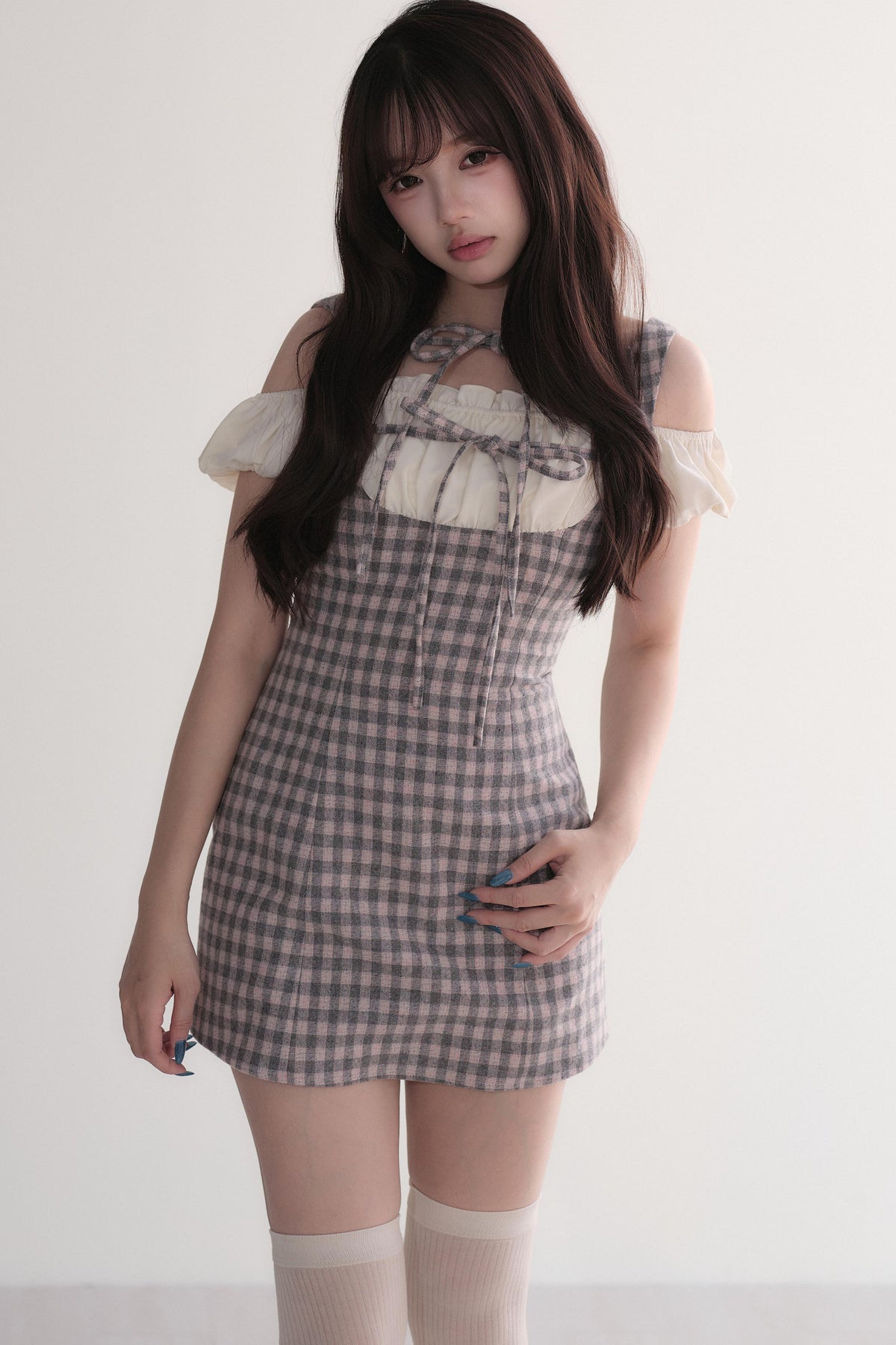 Small Checkered Off-Shoulder Tie Dress