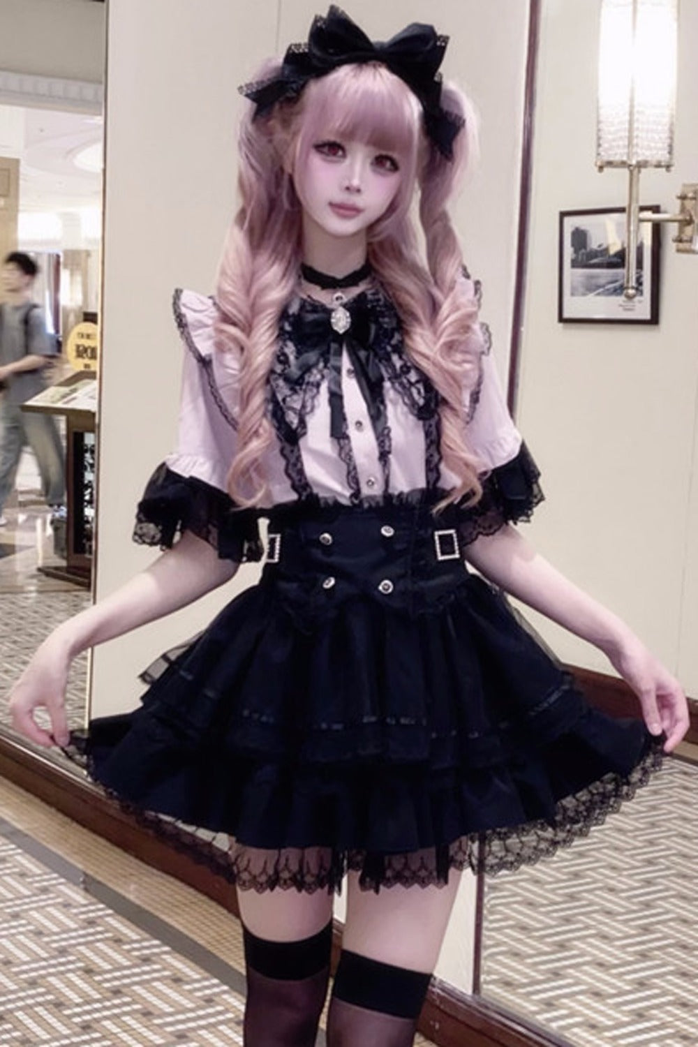 Cherry Short-Sleeved Lace Collar Shirt and Skirt Set-Up