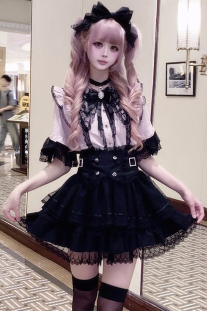 Cherry Short-Sleeved Lace Collar Shirt and Skirt Set-Up