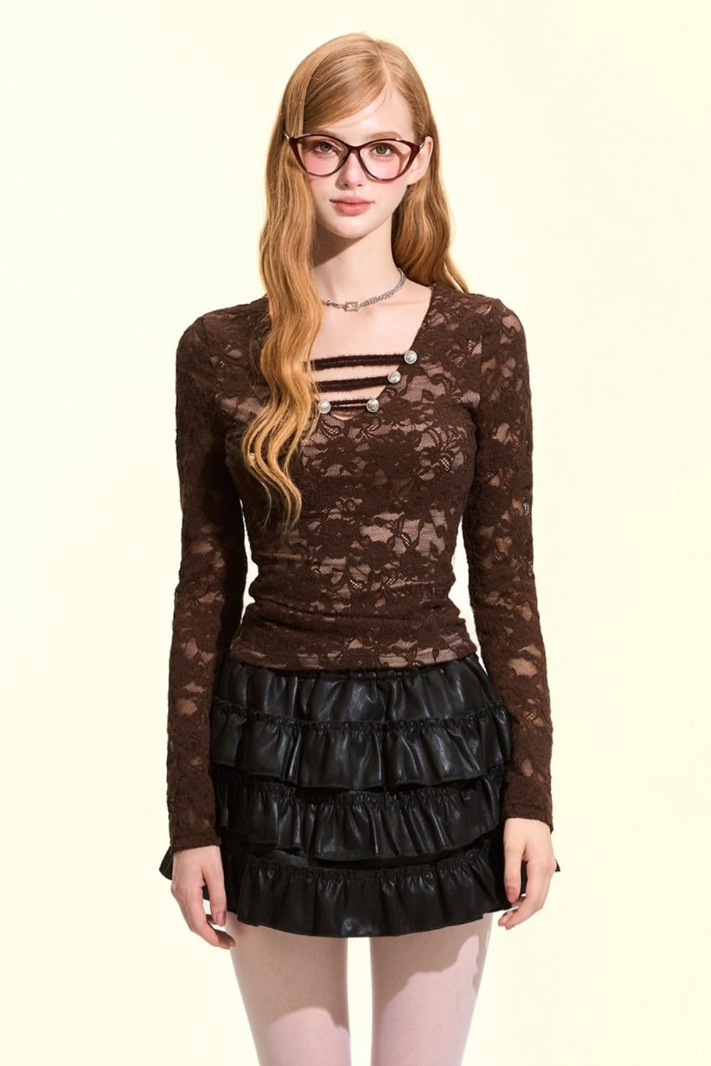 Metal Buckle V-Neck Lace Blouse