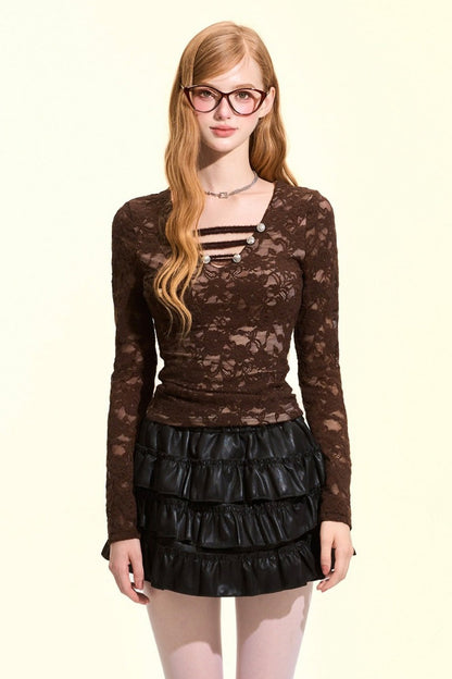 Metal Buckle V-Neck Lace Blouse