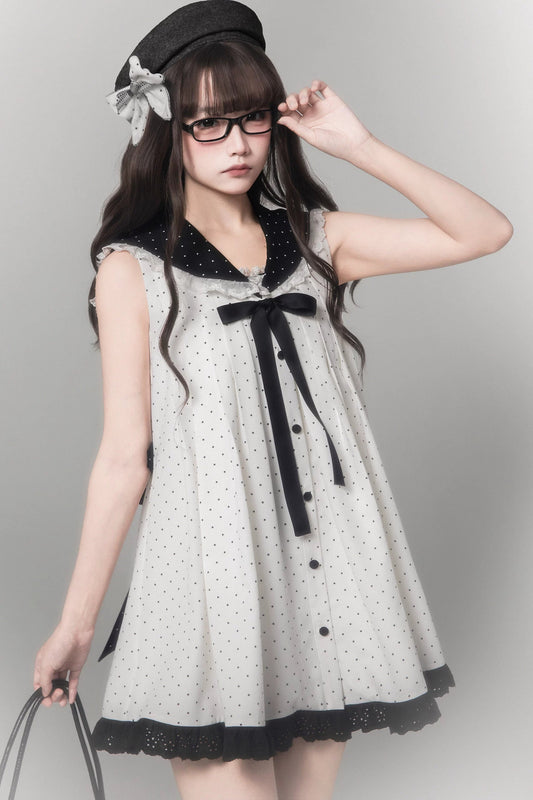 Monotone Ribbon Sailor Dot Dress + Beret