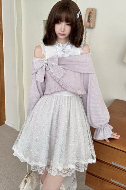 Silver Thread Gauze Off-Shoulder Dress and Top Set