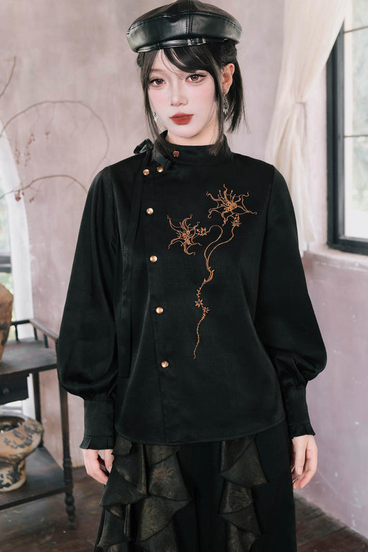 Mandala Embroidered Lace-Up Diagonal Placket Shirt