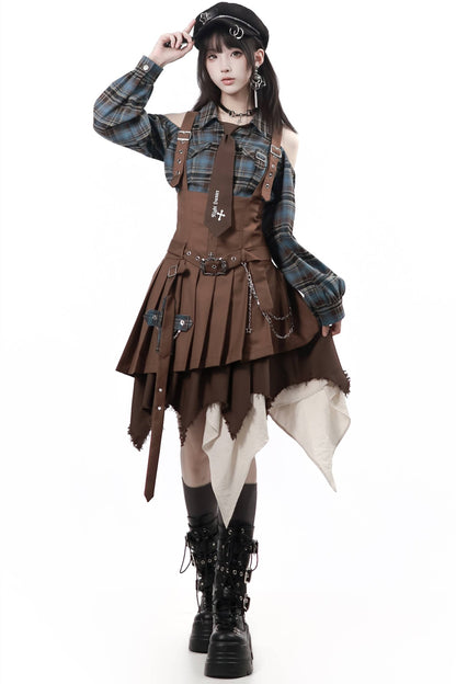 Retro Plaid Off-Shoulder Shirt and Suspender Skirt Set-Up
