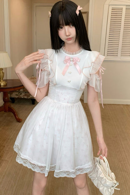 Three-Layer Waist Pearl Button Pink Bow Dress