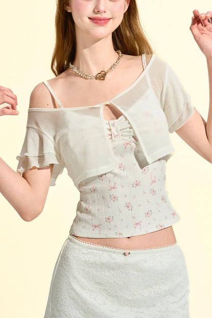 Top transparent avec caraco à fleurs