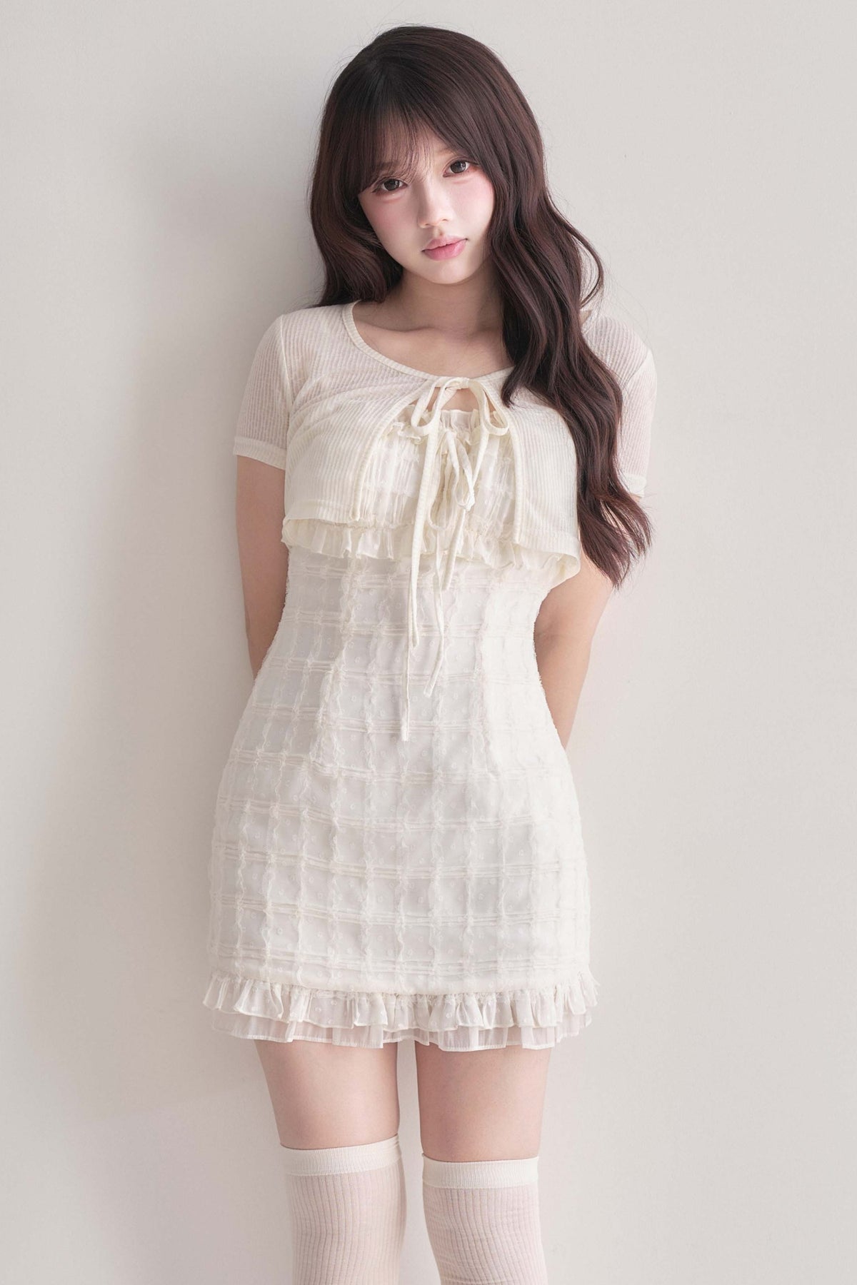 Elegant Ribbon Cardigan & Lace Dress Set