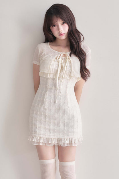 Elegant Ribbon Cardigan & Lace Dress Set