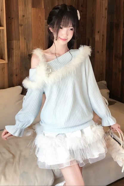 Ensemble haut en maille ample épaules dénudées et jupe en fausse fourrure de lapin
