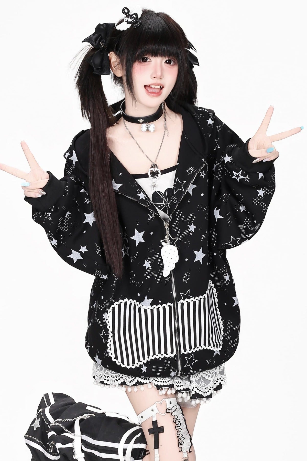 Star Print Hooded Sweatshirt Jacket