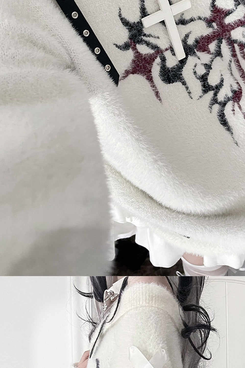 Leather Buckle Butterfly Print Off-Shoulder Sweater