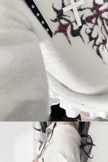 Leather Buckle Butterfly Print Off-Shoulder Sweater