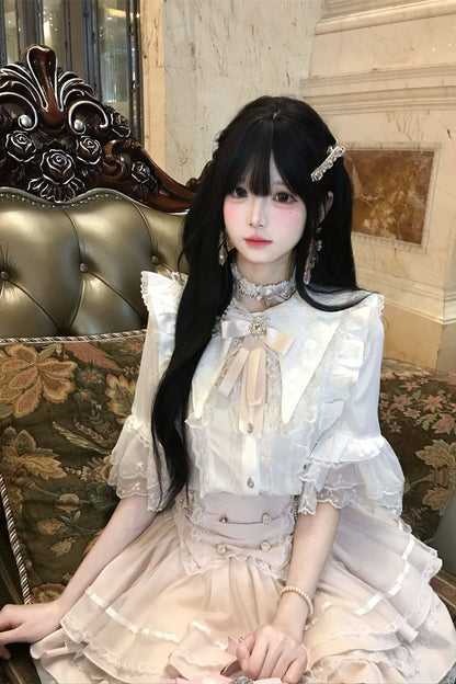 Cherry Short-Sleeved Lace Collar Shirt and Skirt Set-Up