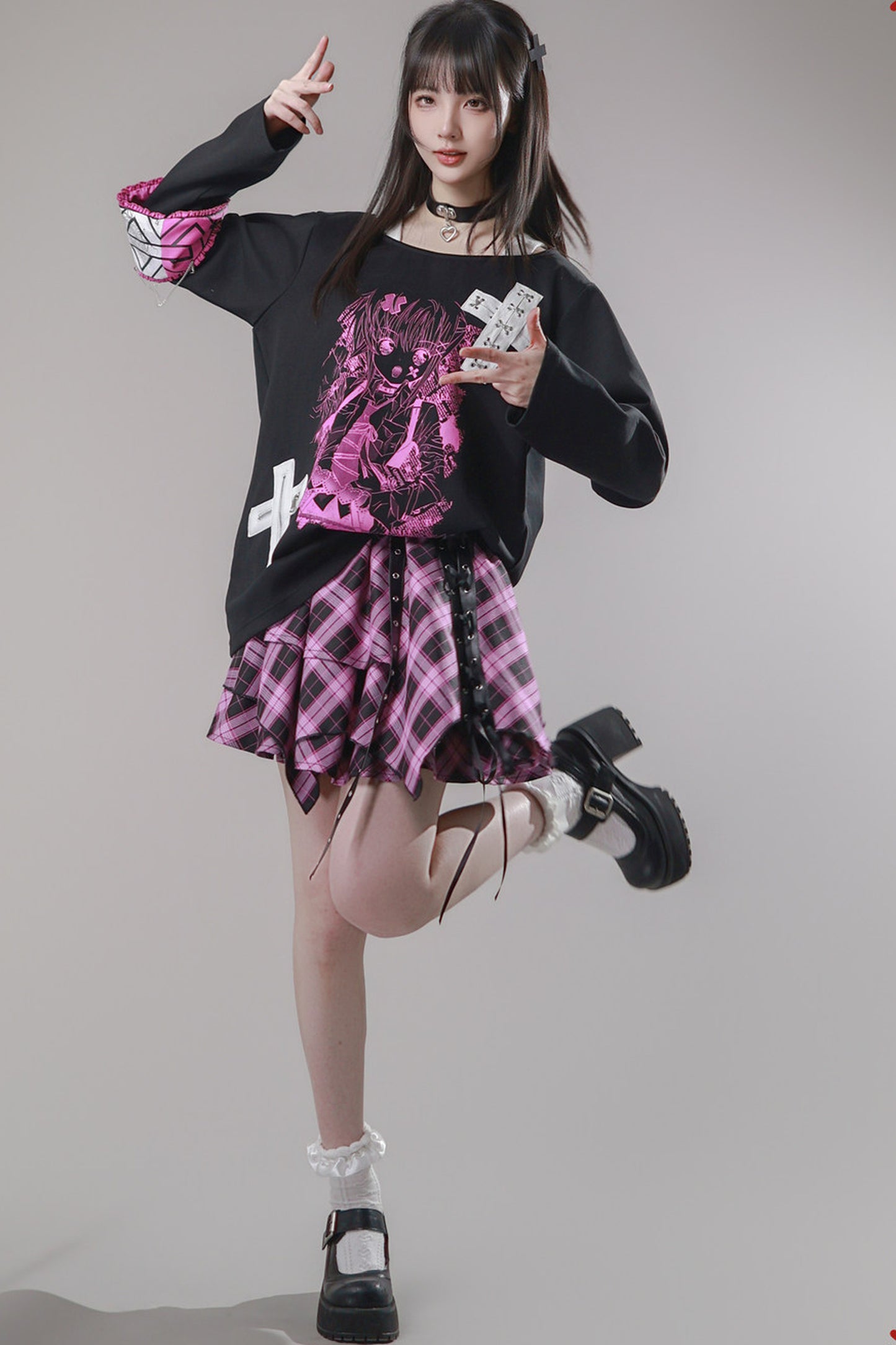 Pink Plaid Chain Tiered Skirt