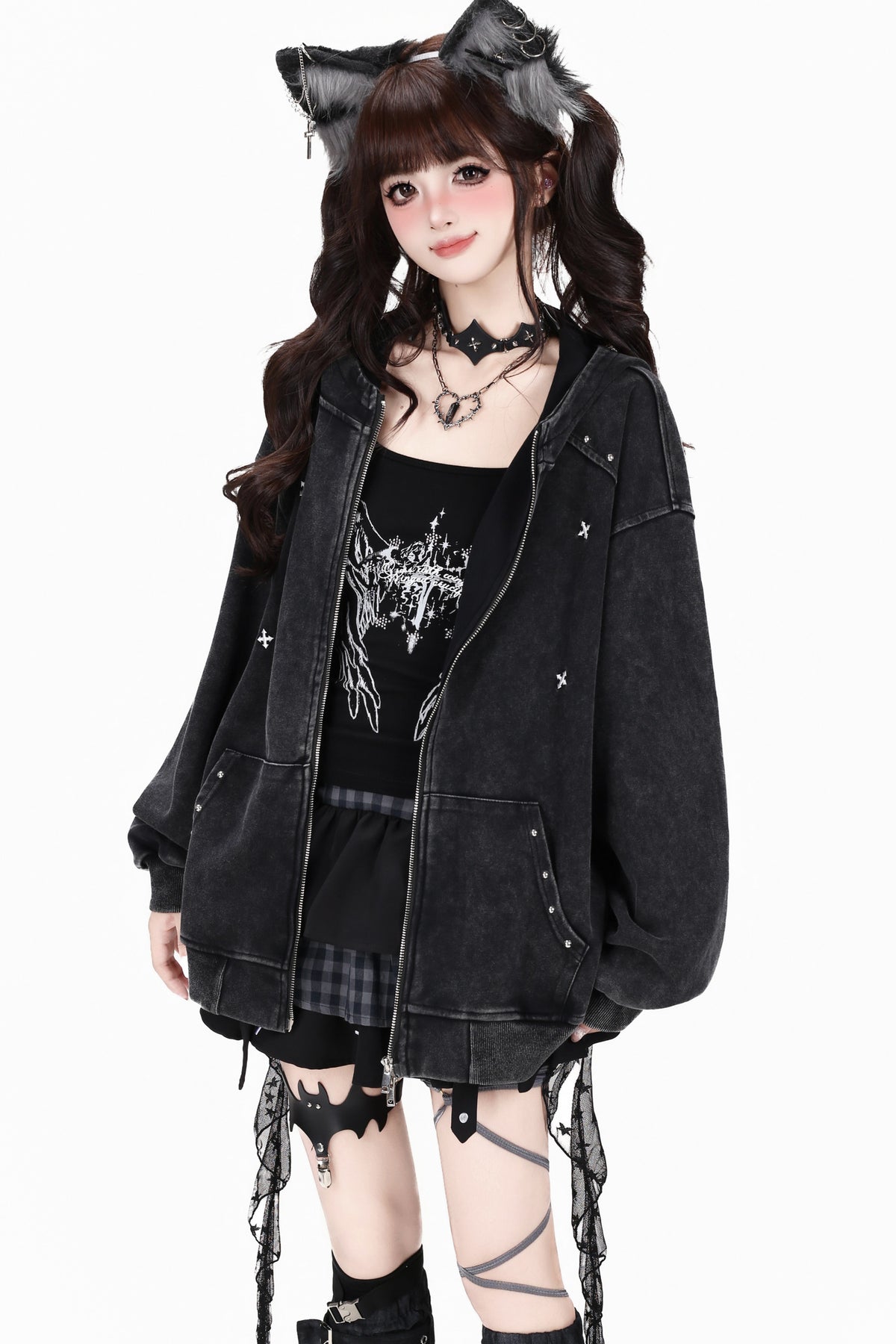 Studded Hooded Loose Jacket
