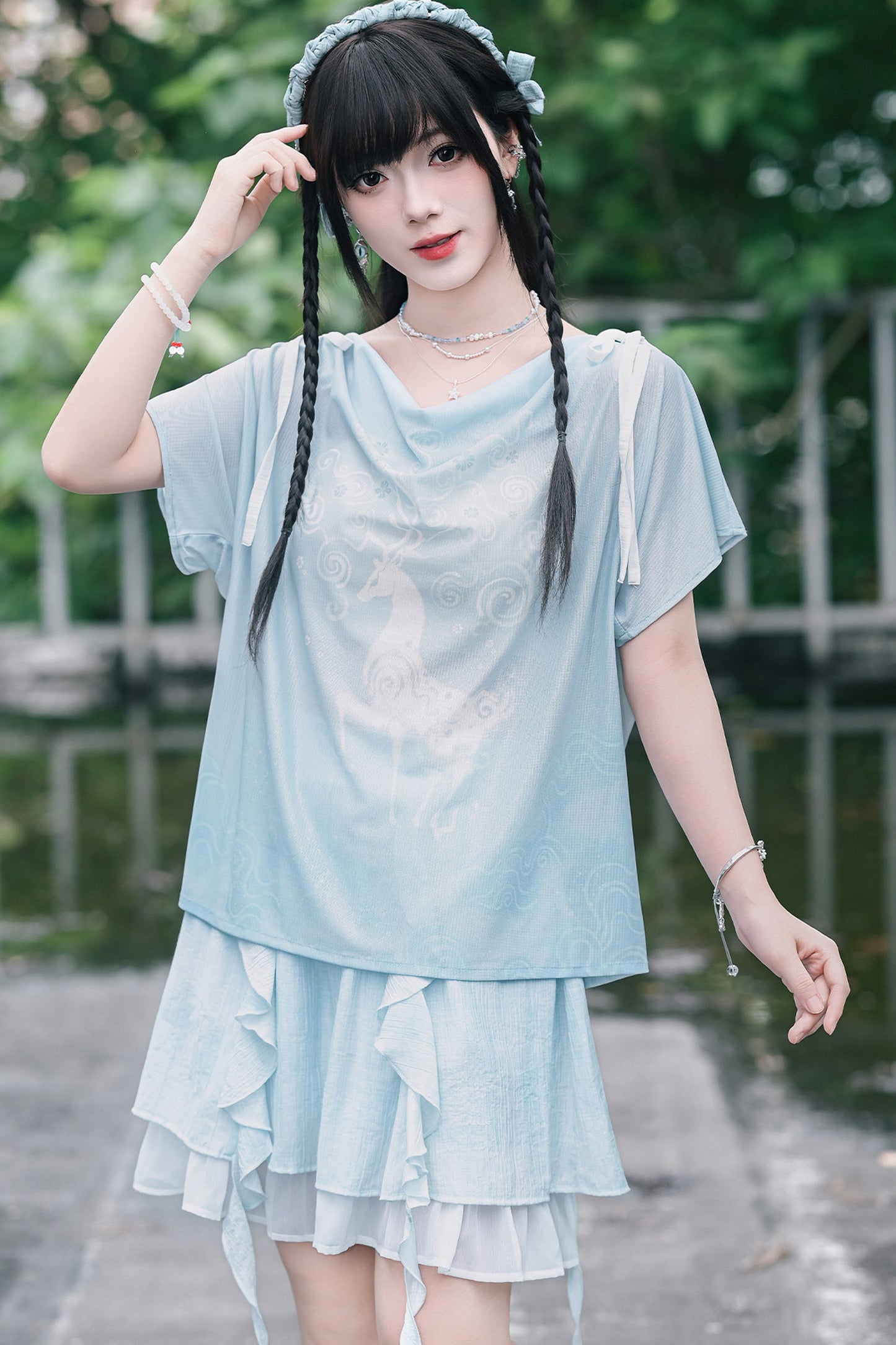 Chiffon-Set im China-Stil mit Hirsch-Print