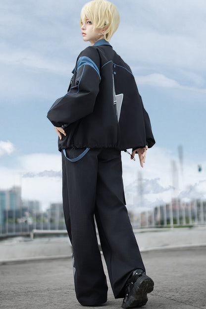 Schwarz-blaues Colorblock-Workwear-Jacken-Sweatshirt und weite Hose im Set