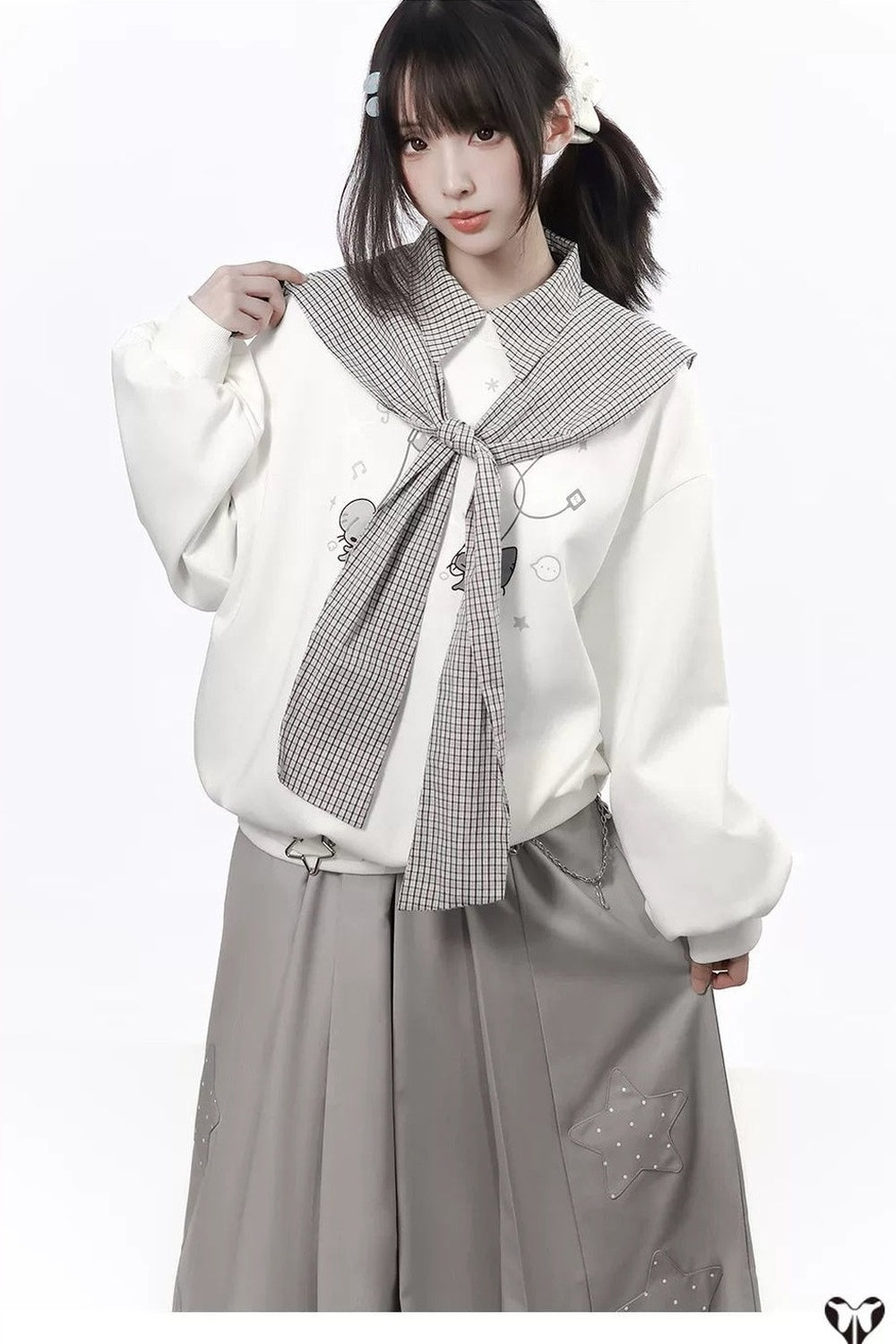 Star Plaid Shawl Sweatshirt Skirt Set-Up