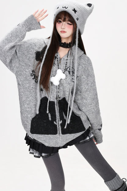 Cardigan en maille à capuche avec poche chat gris