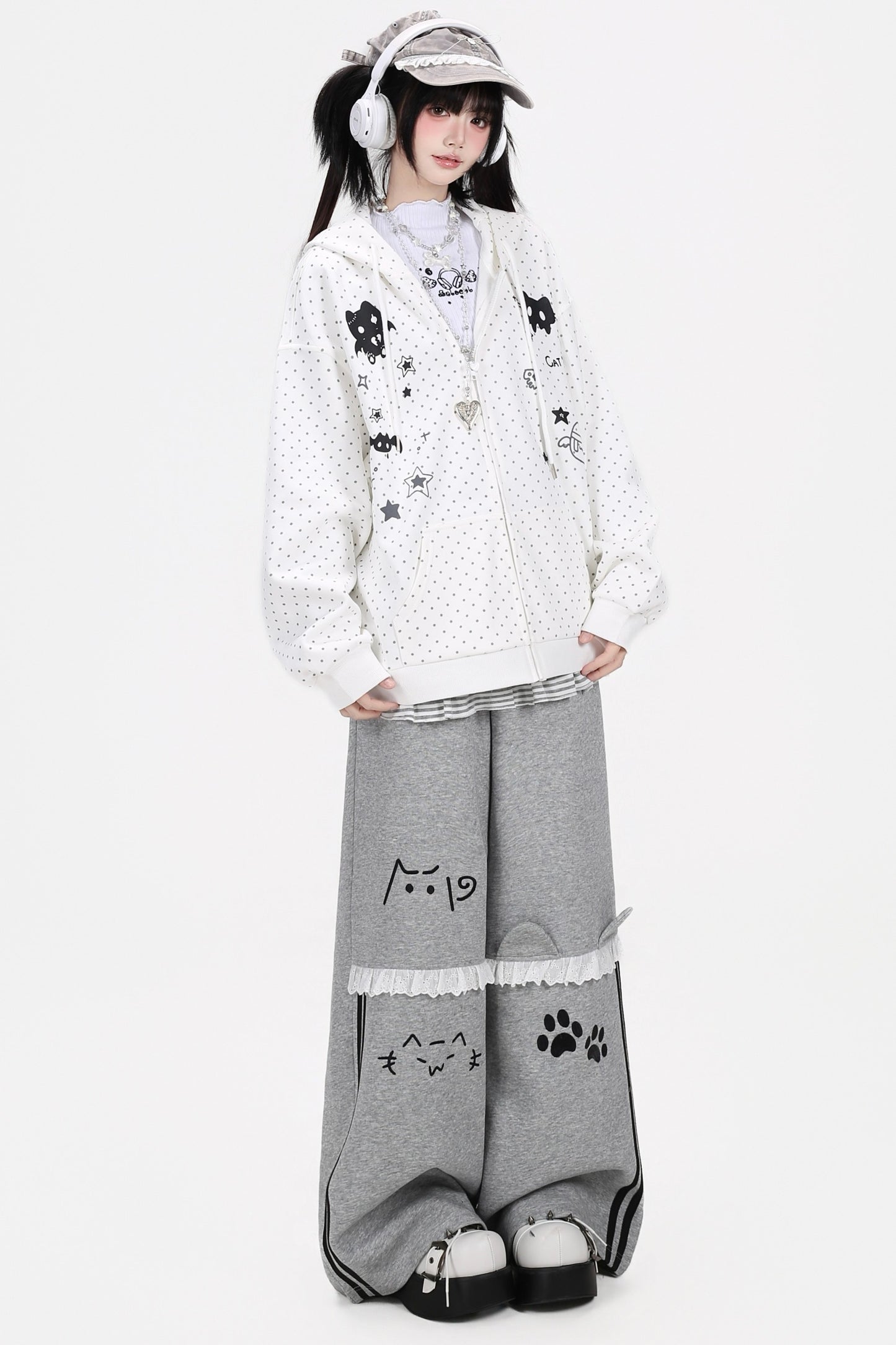 3D-Katzenohren-Kapuzenjacke mit Polka-Dots