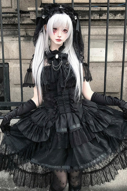 Gothic Short-Sleeve Tulle Waist Belt Dress Set-Up