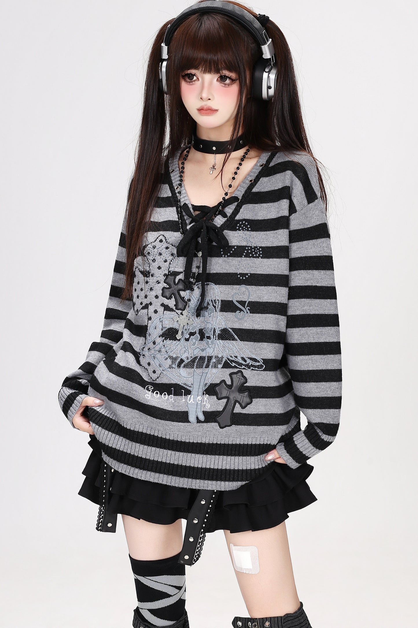 Strappy V-Neck Striped Pullover Sweater