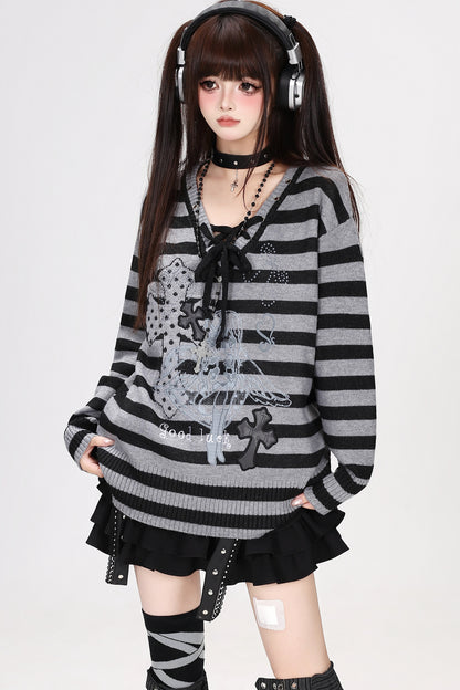 Strappy V-Neck Striped Pullover Sweater