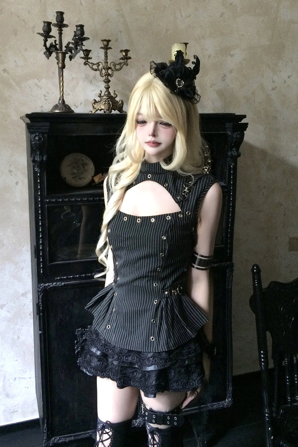 Gothic Striped Sleeveless Buckle Cut-Out Top and Skirt Set