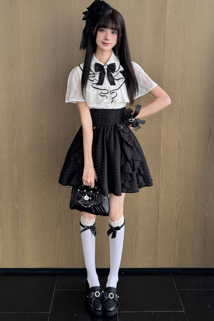 Black-White Cape Blouse And Plaid Skirt Set-Up