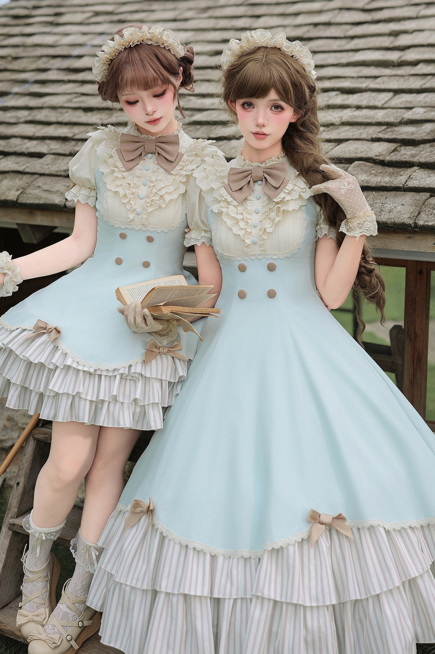 Lace Stand Collar Petal Hem Ruffle Dress