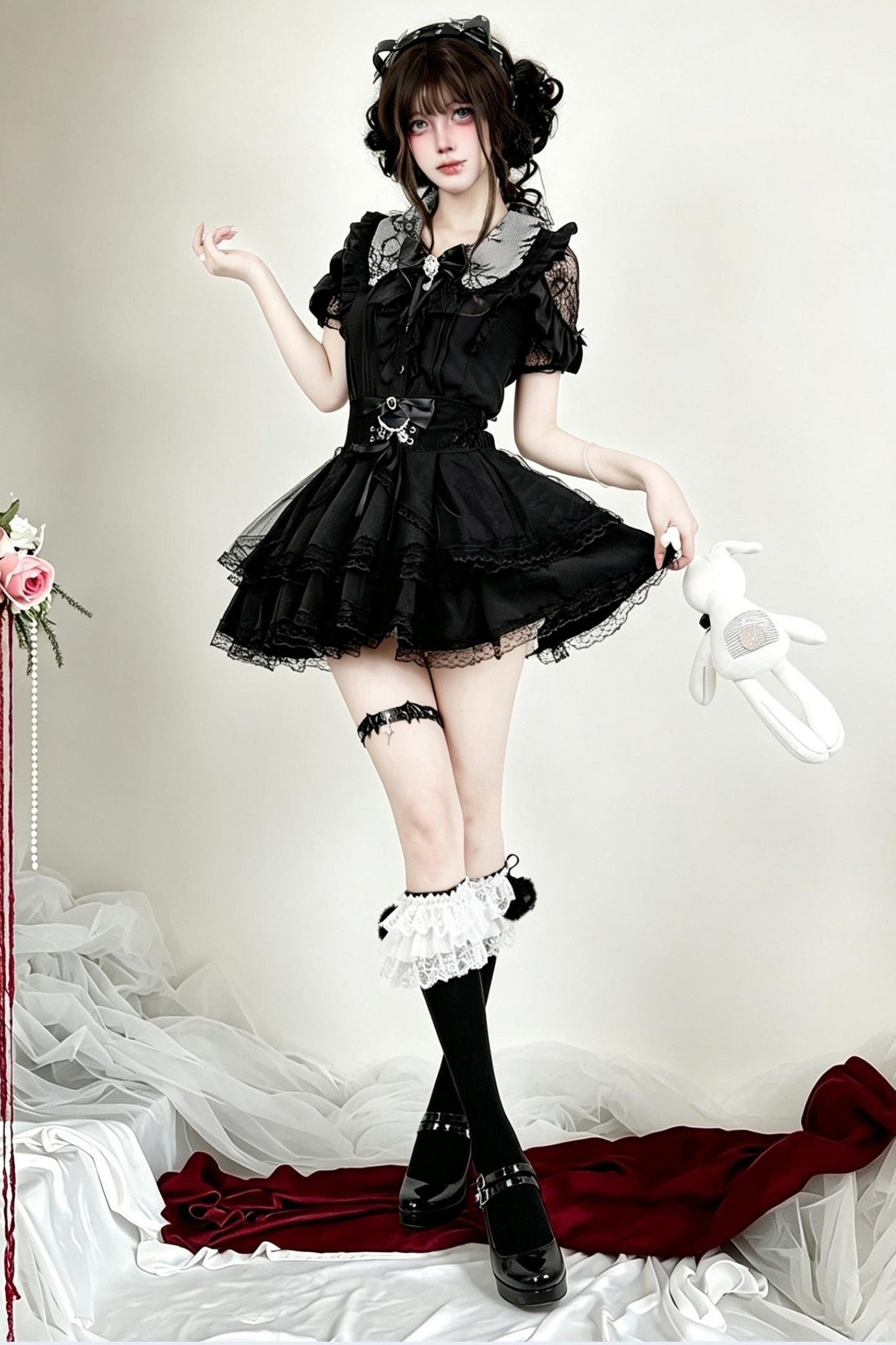 Dark  Lace Bow Skirt Set-Up