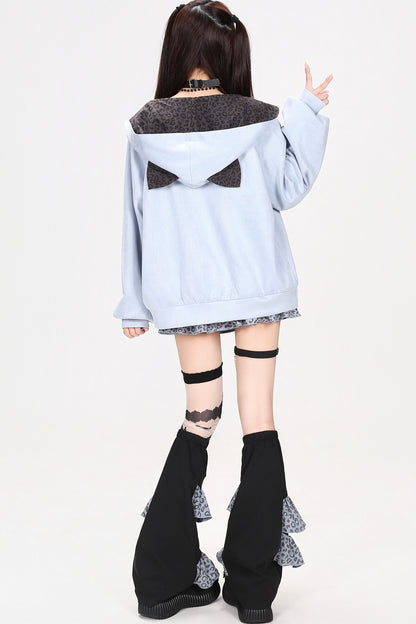 Leopard Musical Note Embroidery Hooded Jacket