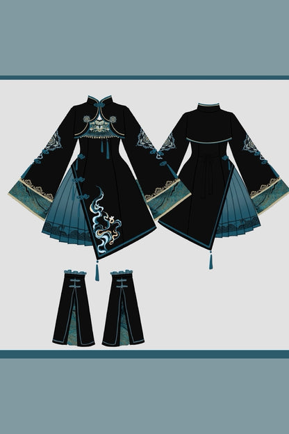 Cyberpunk Chinese-Style Lolita Top + Strapped Dress + Skirt + Leg Covers
