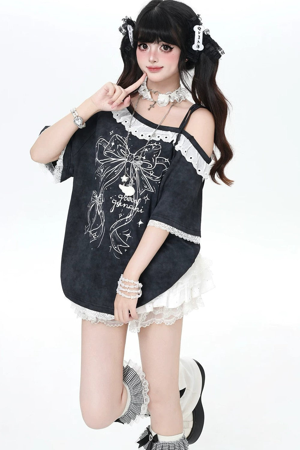 レースリボンオフショルTシャツ