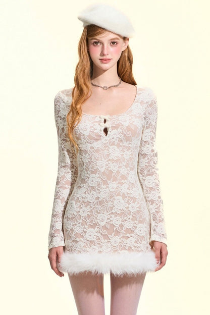Lace Fur-Trimmed Long Sleeve Dress