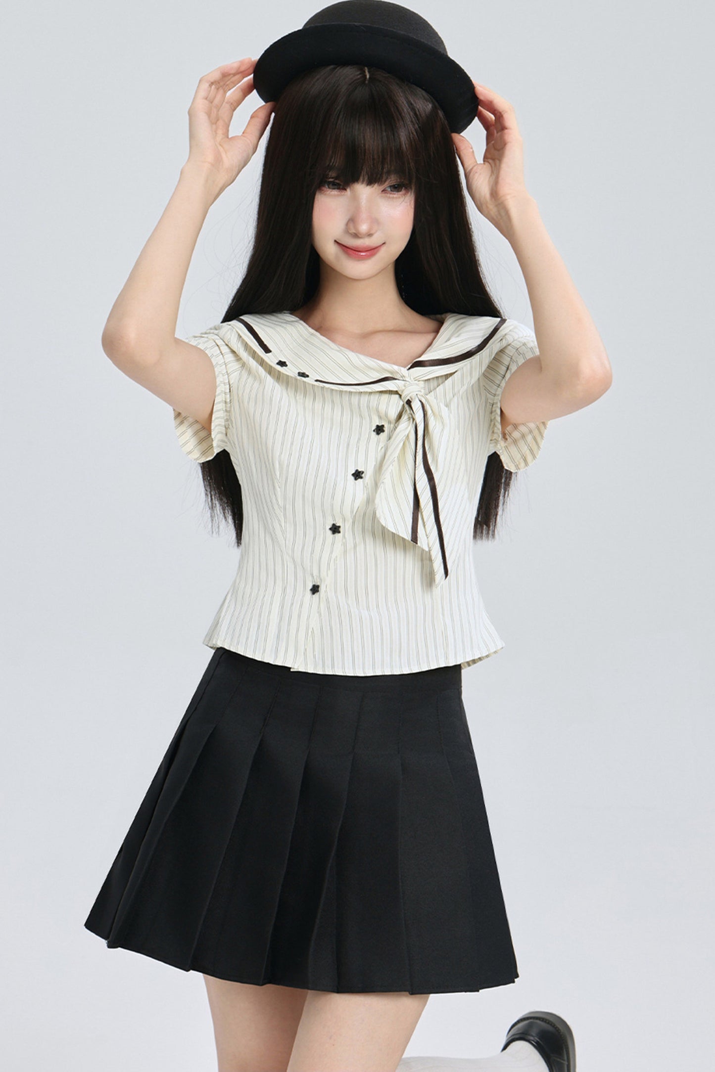 Striped Navy Collar Star Button Blouse