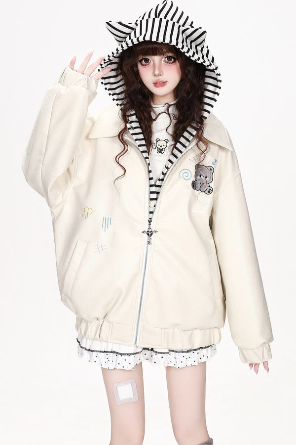 Bear Embroidered Cat Ear Leather Jacket